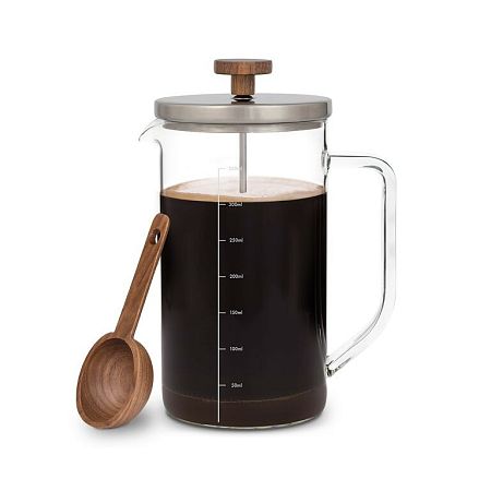 Klarstein Glaswerk Ristretto, French Press, 0,35 litra, borosilikátové sklo, nerezová oceľ, orechové drevo